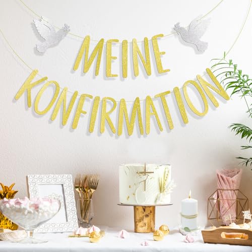 COMOOKA Konfirmation Deko Konfirmation Girlande Gold mit Glitzer Konfirmation Banner Mädchen Junge Firmung zum Aufhängen für Wand Fenster Tisch