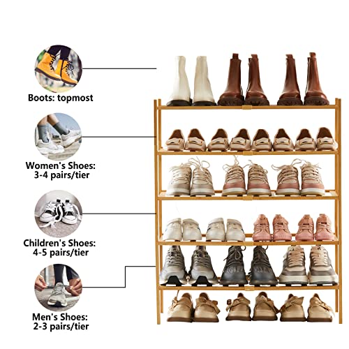 Image of Shoe Rack Organizer for Closet Entryway, 5 Tier Bamboo Shoe Shelf, Small & Stackable Shoe Rack, 2 Tier + 3 Tier Shoe Rack, Tall Shoe Storage, D11 * W27.2 * H32.7 Inches, Natural