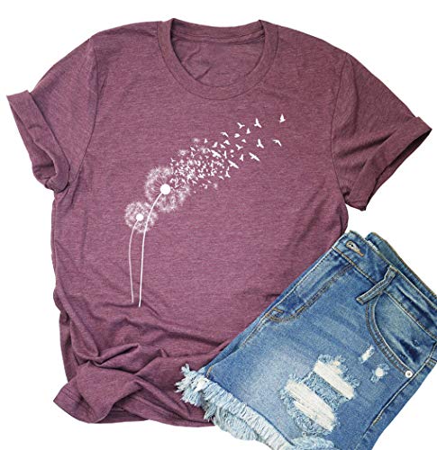 Dandelion Graphic T Shirt Women Wildflower Make a Wish Vintage Tees Top Funny Summer Short Sleeve Shirts (Large, Red)