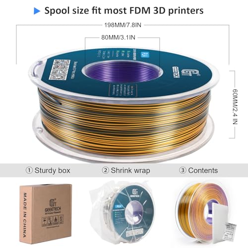Image of Geeetech Silk PLA Tri Color Filament 1.75mm 3D Printer Filament, Coextrusion Purple Gold Black Tri-Colors Metal-Like Shiny Silk PLA Filament, 1kg (2.2lbs) 1 Spool, Dimensional Accuracy + /- 0.02 mm