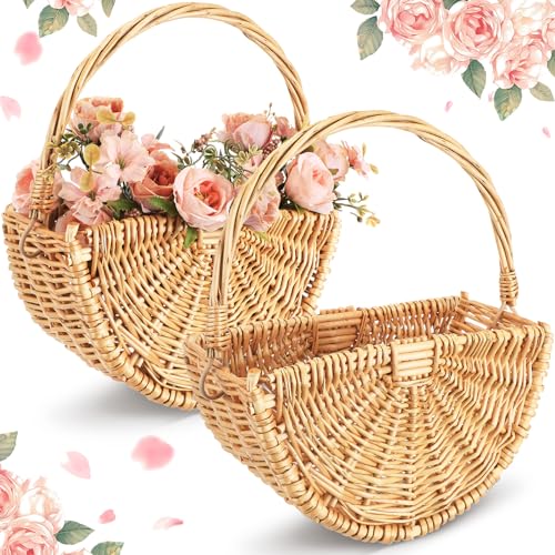 Willinglong 4 Pcs Flower Girl Baskets Half Moon Wicker Rattan
