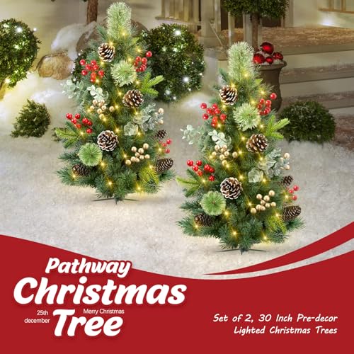 Hatisan Set Of 2 30 Inch Outdoor Pathway Christmas Trees, Battery Operated Christmas Tree With 60 Led Lights Berries Pine Cones Eucalyptus Stems thumb #4