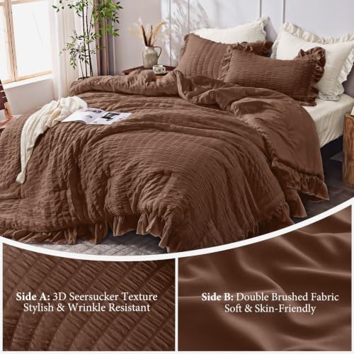 Image of JOLLYVOGUE Dark Brown Queen Comforter Set,3pcs Ruffle Seersucker Bed Set | OEKO-TEX Certified, All Season, Down Alternative Fill, Lightweight Bedding Set with Ruffle Comforter & Pillowshams, Easy Care