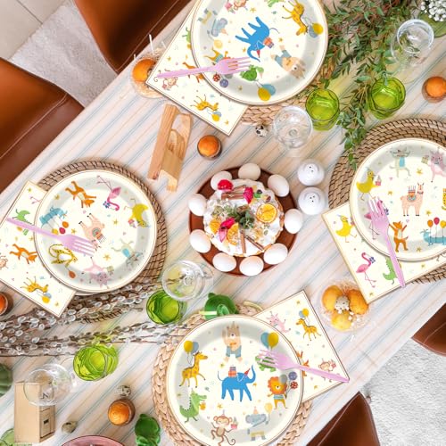 Image of Qyeahkj 100PCS Party Animal Plates and Napkins Party Supplies Happy Birthday Parade Tableware Set Faint Yellow Birthday Decorations Favor Dinner Plates for Animal Party Celebrations Serves 25