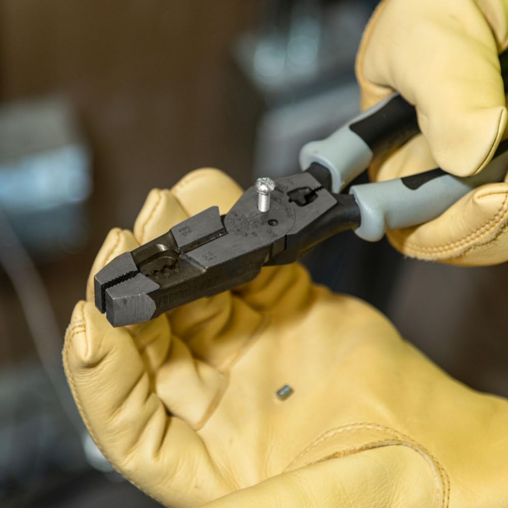 Klein Tools J2159CRTP Alicates de corte lateral, fabricados en Estados Unidos, alicates híbridos Journeyman de alto apalancamiento de 9 pulgadas con crimpadora, extractor de cinta de pescado y