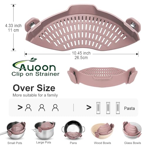 Image of Large AUOON Clip on Strainer for All Pots and Pans - Oversized Silicone Pot Strainer Family-Style Design Pasta Strainer Kitchen Colander for Spaghetti and Noodles | Dishwasher Safe