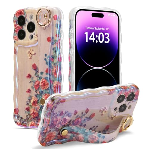 Coque iPhone 16 Pro Max avec dragonne fleur beige EYZUTAK