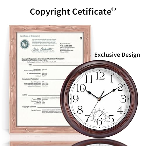 Image of KECYET 8.5 Inch Outdoor Wall Clock with Thermometers, Vintage Silent Wall Clocks Battery Operated, Retro Non-Ticking Clock Decorative for Living Room, Patio, Kitchen, Office, Bathroom, Bedroom(Bronze)
