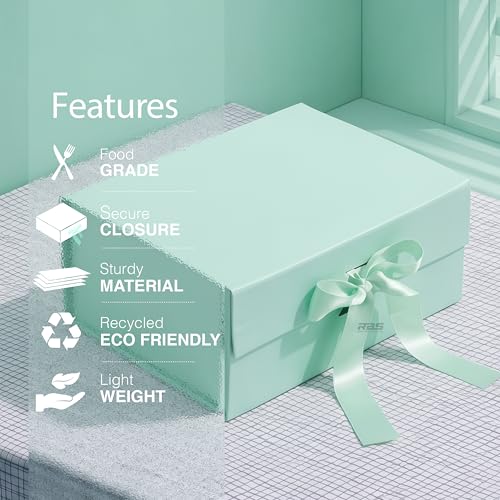 Image of RBS - Foldable Gift Box with Ribbon 23 x 16 x 10cm Gift Boxes for Packaging (1 Pack) Multi-Purpose Gift Boxes for Presents Reuse Gift Packing Box Decorative Hamper Box (Minty Magic)