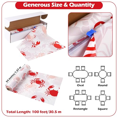 Image of Kochorie 100 Ft x 54 Inch Crab Boil Party Tablecloth Roll with Cutter Box Disposable Plastic Crab Table Cover Roll Waterproof Table Cover for Crawfish Birthday Indoor Outdoor Party Supplies Decor