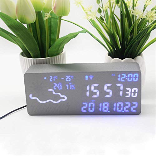 Smart Digital Radio Wetter Wecker WiFi Multifunktions-Wetteruhr Silent Fashion Led Holz Uhr Weiß