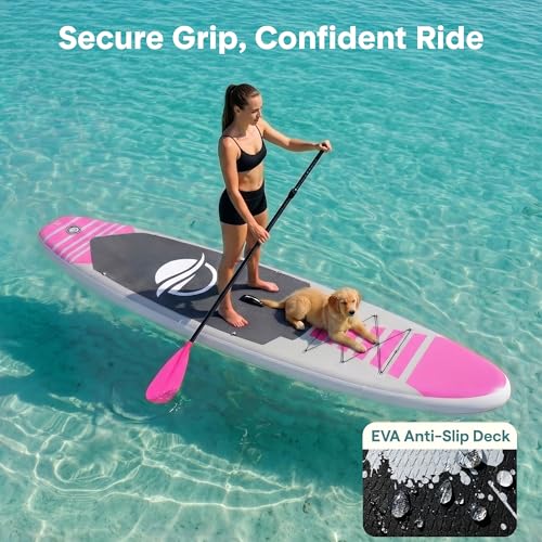 Image of SereneLife 10'6 inch Inflatable Stand Up Paddle Board with Premium SUP Accessories - 32 inch Wide Stable Design with Non-Slip EVA Deck Pad, for Youth and Adults, 350 lbs. Capacity