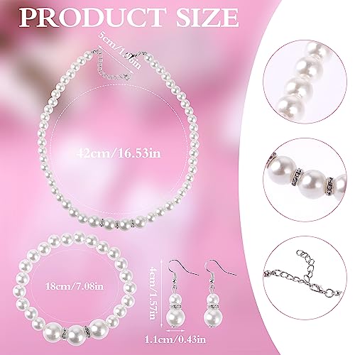 Yolev 4 Pcs Pearl Necklace Bracelet Earrings Jewelry Sets and White Lace Communion Glove Pageant Gloves for Wedding Pageant Halloween Cosplay (Suitable for ages 12+)3