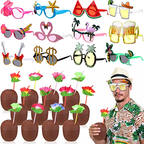 24 Pcs Hawaiian Luau Tiki And Beach Theme Party Supplies,12 Plastic Coconut Cups With Hibiscus Straws And Lids, Plus 12 Assorted Luau Party Sunglasses Tropical Fancy Dress Props For Kids And Adults #TOP17