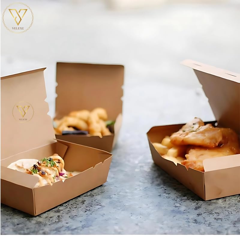 Image of Brown Kraft Paper Food Box | 17x15x4.5 CM | 750ml | Pack of 100 | Eco-Friendly Takeaway Containers | Biodegradable & Disposable Food Containers for Meal, Party Catering, Takeout, and Delivery