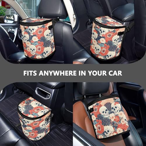 Image of MNSRUU Car Trash Can with Lid, Flowers and Skulls Car Trash Bag Hanging Organizers and Storage for Front Back Seat, Leak-Proof Trash Bin