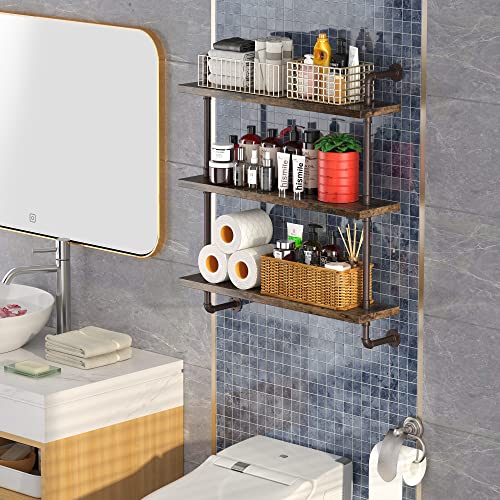 Pusdon Industrial Pipe Shelving Wall Mounted 24 Inch, 3 Tier Bathroom Floating Shelves Bronze Metal, Wood Hanging Storage Bookshelf, Heavy Duty Sturdy Rack For Home Office Garage Farmhouse Bar #TOP6