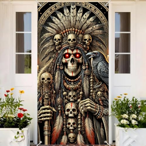 Image of BlissYard Halloween Skeleton Shaman Door Cover 35x71 Inch Fabric | Entry Banner, Wall Backdrop | Skeleton Shaman Door Decor, Party Scene | Porch, Hallway, Photo Area (Haunted House)