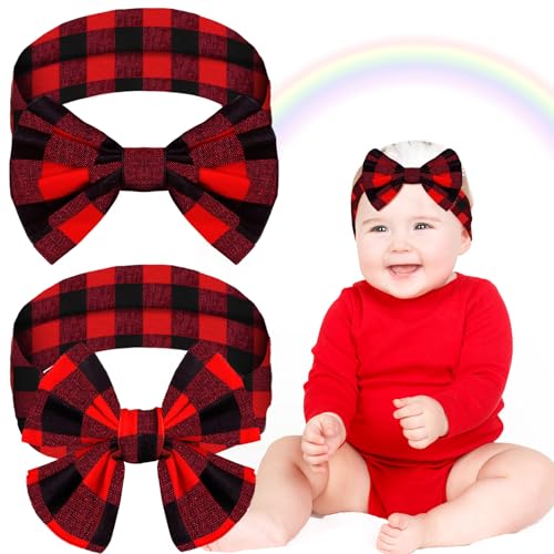 Syhood 2 Pieces Christmas Baby Bowknot Headbands Elastic Toddler Plaid Headband Baby Girl Red Buffalo Plaid Bow Knot Headwrap for Girls Toddlers Newborn Party Photography Props Accessories
