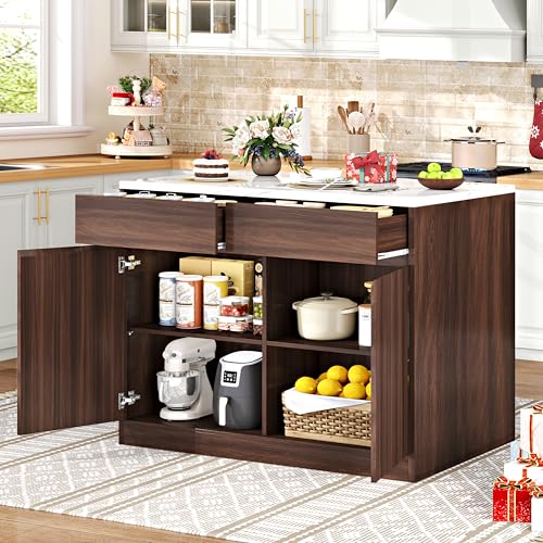 Kitchen Island with Storage, 47.2" Large Faux Marble Countertop Kitchen