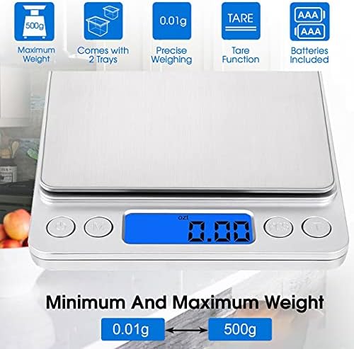ebuyerfix Digital Pocket Scales 500g/ 0.01g High-Precision Kitchen Food Scales, Stainless Steel Jewelry Scales with Mini Kitchen Scale with Back-Lit LCD Display, Tare, and PCS Features