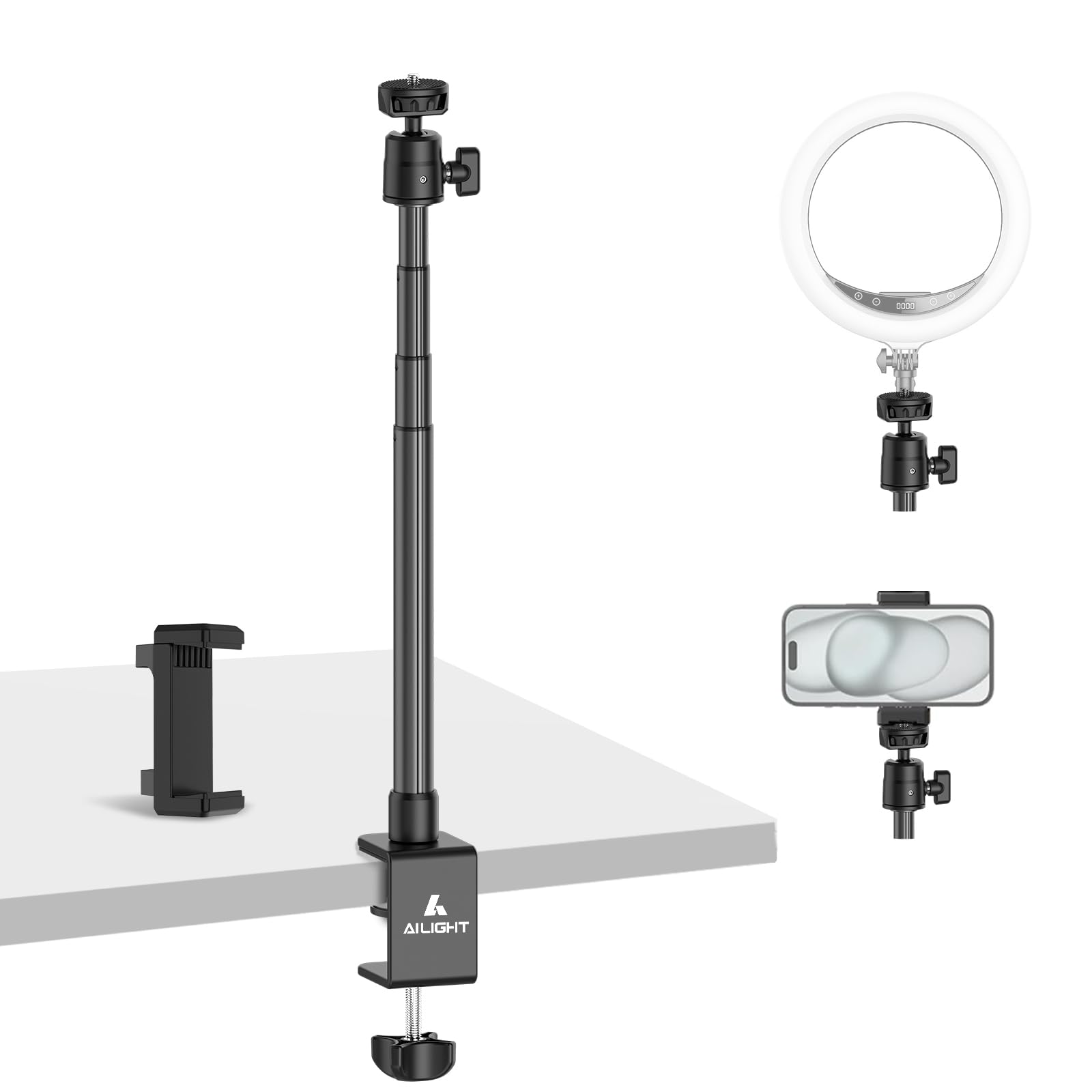 Ailight Camera Desk Mount Webcam Stand with Phone Holder, Adjustable Table Camera Stand with 1/4" Screw & C Clamp Overhead Tripod Webcam Mount for Logitech Obsbot insta360 Anker and Others-image-1