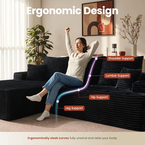 Image of ovios 96 inch Cloud Sectional Couch with L-Shape Chaise,Modern Modular Sofa with Deep Seat, Upholstered Couches for Living Room Bedroom,No Assembly Required, Black (Plush Corduroy Fabric)