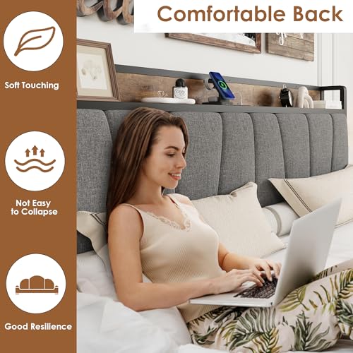 Image of King Size Bed Frame with 2 Storage Drawers and Charging Station, Rustic Linen Upholstered Platform Bedframe with Storage Headboard, No Box Spring Needed, Easy Assembly, Noise Free, Grey