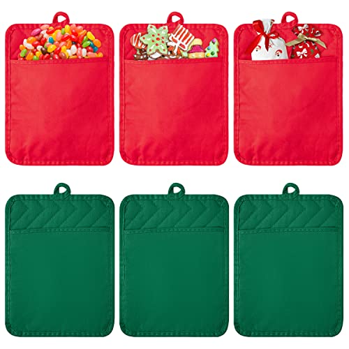 R HORSE 6Pcs Christmas Red Green Potholders with Pockets Baking Cooking Gift Kitchen Cotton Heat Resistant Potholder Machine Washable Hot Pads Oven Mitt Christmas Pot Holder Gift