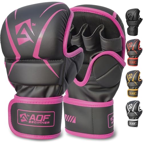 AQF Hybrid MMA Gloves for Sparring & Grappling, Open Palm Shooter Design, Enhanced Wrist Support, Shock-Absorbing Padding, Lightweight and Durable for Training, Kickboxing, Muay Thai (Pink, L/XL)