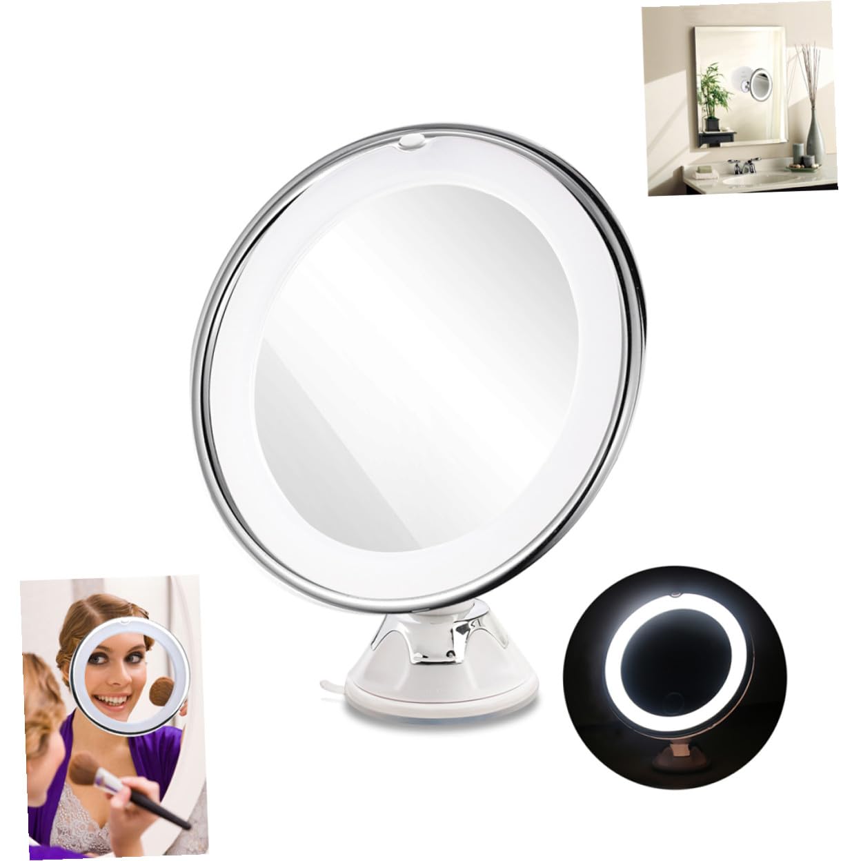 Espejo de Maquillaje Redondo con Aumento Luz LED Integrada Ventosa Fuerte para Baño y Tocador Espejo Portátil con Succión Segura