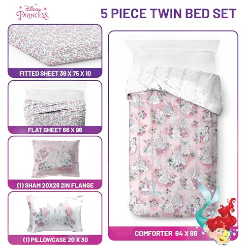 Image of Disney Princess Twin Comforter Set 5 Piece Floral Bedding for Girls, Pink