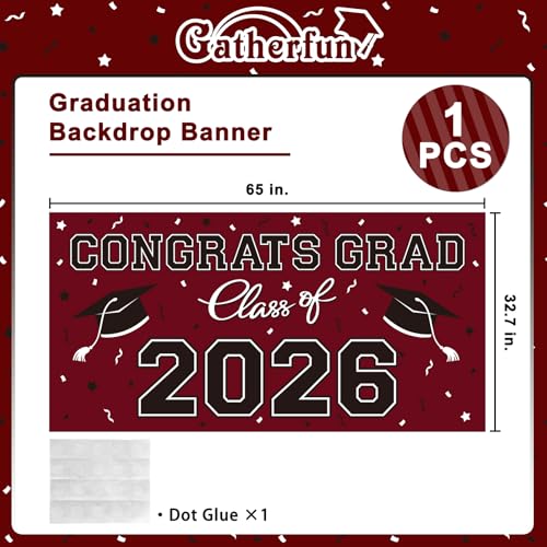 Image of 2026 Graduation Party Plastic Backdrop - 65 inch x 32.7 inch Congrats Grad Banner in Maroon, Large Class of 2026 Decorations, Photography & Grad Party Supplies