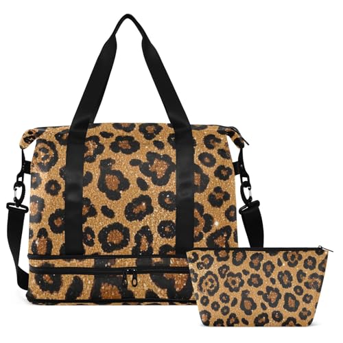 Fake Glitter Leopard Print Brown Large Travel Duffel Luggage Shoulder Weekender Overnight Bag with Adjustable Strap for Hiking Large Capacity2