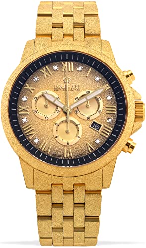 LOUIS XVI Herren-Armbanduhr Aramis Frosted Stahlband Gold Schwarz Fume echte Diamanten Chronograph Analog Quarz Edelstahl 1080 Cover