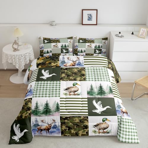 Image of Feelyou Kids Mallard Duck Comforter Set Queen Size, Duck Hunting Bedding Set Green Duck Comforter for Boys Girls Deer Hunting Duvet Insert Bed Set 3Pcs