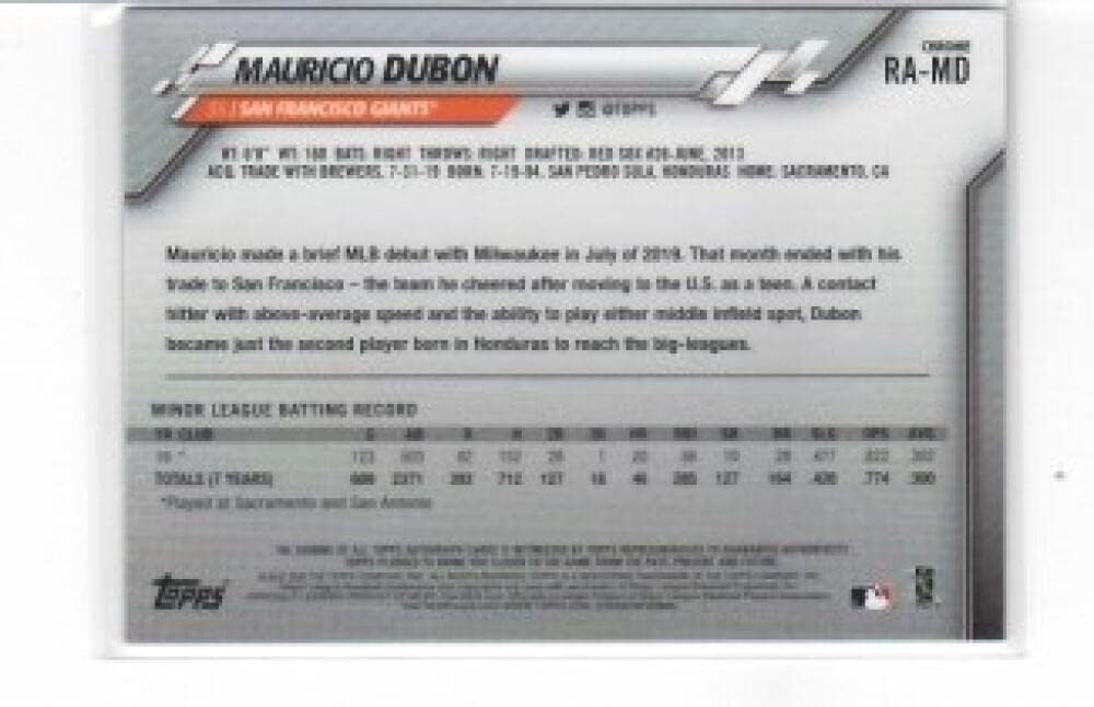 2020 Topps Chrome Rookie Autographs #RA-MD Mauricio Dubon San Francisco Giants MLB Baseball Card (Autographed) NM-MT