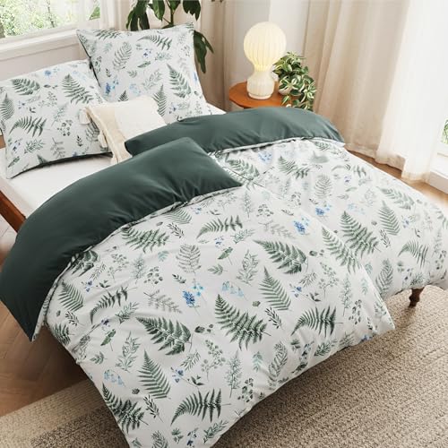 BEDSURE Bettwäsche 135x200 4teilig Bettbezug - Bettwäsche-Sets 135 x 200 cm 2er Set mit 2 Kissenbezüge 80x80cm, ÖKO-TEX Wendebettwäsche Bedding Muster Grün Blumen Pflanzen mit Reißverschluss