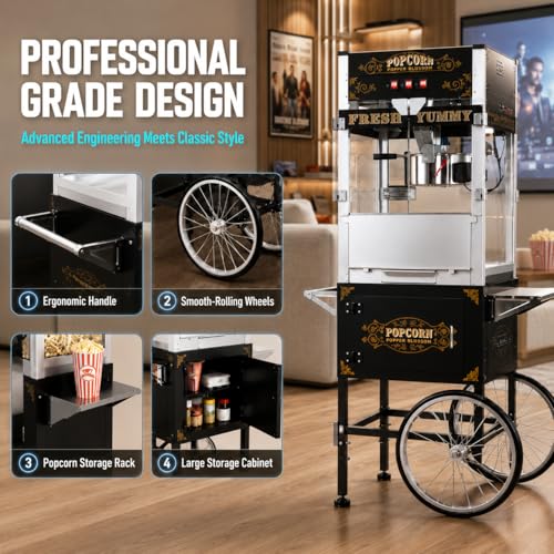Image of 20 OZ Commercial Popcorn Machine with Cart - Stainless Steel Kettle Popper with Wheels, Warming Deck & Tempered Glass, for Business, School, Corporate, Theater, Home Use, Black