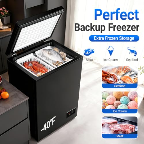 Image of 3.5 Cu Ft Chest Freezer - 2 Removable Baskets 14℉ to -40℉ Quiet Compact Freezer - 7 Temperature Settings - Black Match Day Parties, Home Bar Game Day &Soccer Party
