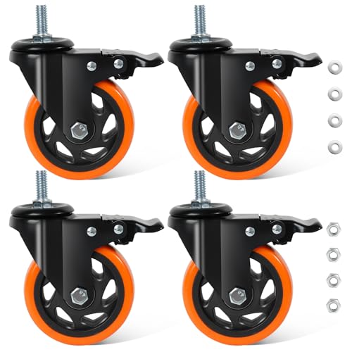 BAOLIHUI 100mm Heavy Duty Castors M12 Screw Thread (30mm Length) Set of 4 Non-Marking Swivel Caster Wheels with Brake 500KG Total Load Capacity for Industrial and Furniture Use