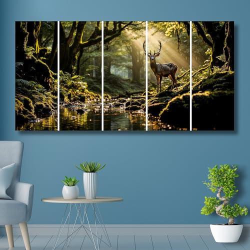 Image of Golden Deer Painting for Wall Decoration | 5-Piece MDF Wall Painting Set | Waterproof, Dustproof | Sparkle Laminated Big Size Deer Wall Painting for Living Room, Bedroom, Office, Home Decor