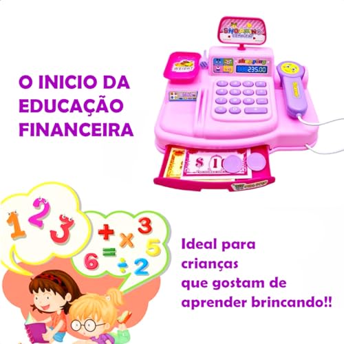 Mini Caixa Registradora Calculadora Mercadinho Infantil Brinquedo Com Luz E Som Completa Com Notas E