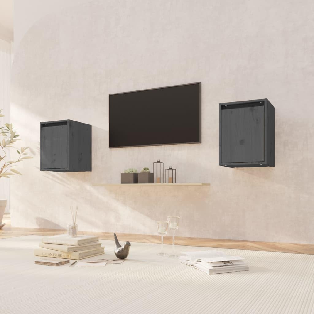 Massivholz Kiefer Wandschränke 2 STK. Grau 30x30x40 cm, Hängeschrank als TV-Schrank nutzbar, dekorativer Schwebeschrank für Bücher und Ornamente, pflegeleicht mit feuchtem Tuch