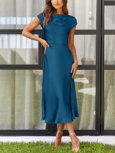 Anrabess Women's Summer Satin Dress Cap Sleeves Elegant Bodycon Cocktail Formal Midi Dress A890-Qingse-L #TOP30