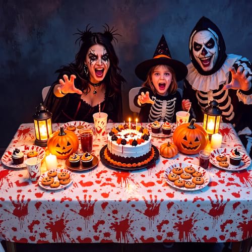 Image of Kochorie 100 Ft x 54 Inch Halloween Bloody Party Tablecloth Roll with Cutter Box Waterproof Plastic Horror Bloody Zombie Table Cover for Halloween Spooky Party Decorations. White
