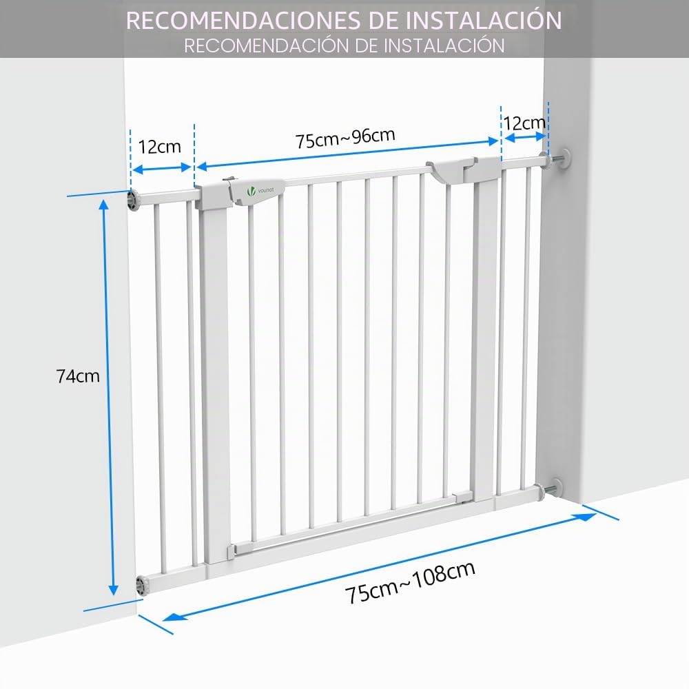 VOUNOT® Puertas de Seguridad, 75-108 cm, Barrera Escalera para Perros, Sin Taladrar, Blanco
