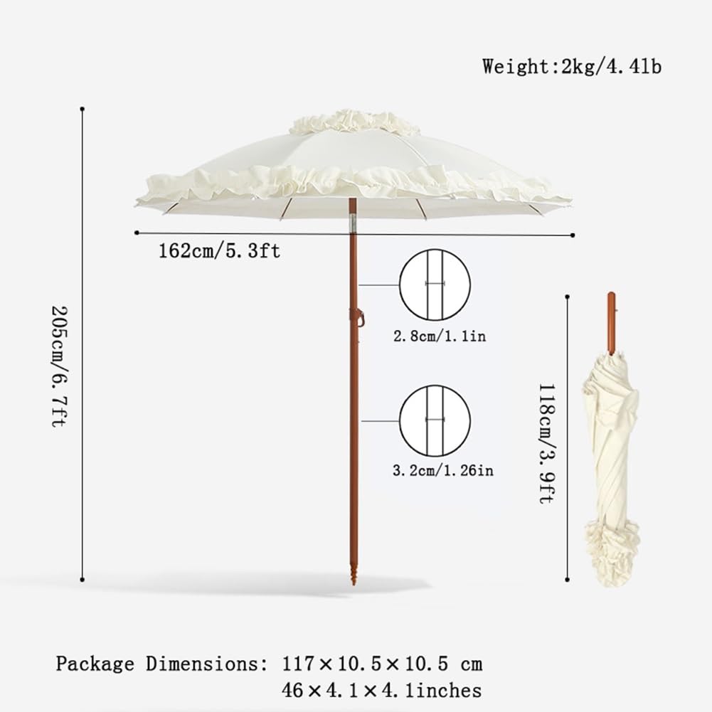 Parasol Plażowy z Koronką, 162 cm, Parasol Ogrodowy UPF 50+ z Regulacją Nachylenia, do Stołu Ogrodowego, Basenu, Kempingu, Trawnika