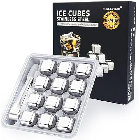 12Pcs Reusable Ice Cubes Metal Whiskey Stones 18/10 Stainless Steel Ice Cube with Clip for drinks Whiskey Vodka Liqueurs Wine Beverage Juice Soda Cover