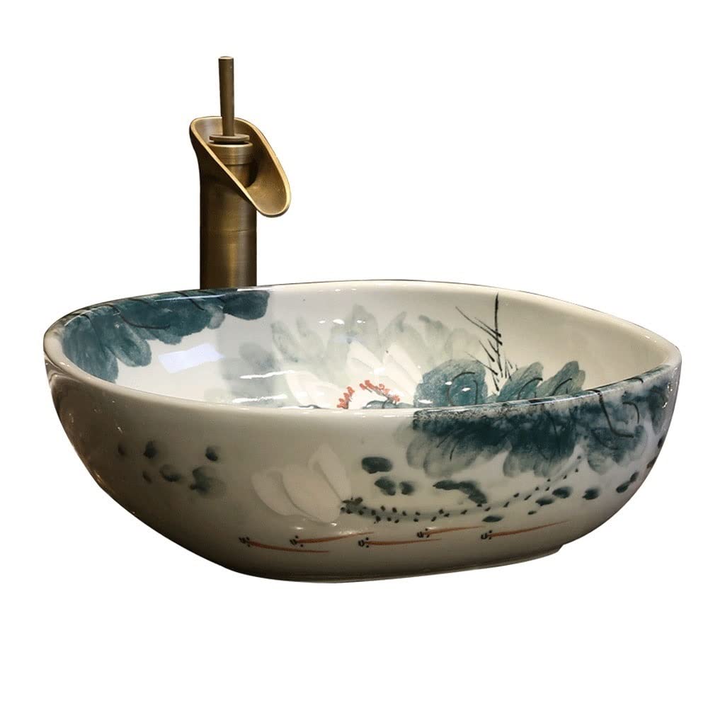 ADERFETBI Bathroom Sink Bathroom Vessel Sink Lotus Pattern Ceramic Washbasin Vintage Art Countertop Basin Utensils with Faucet